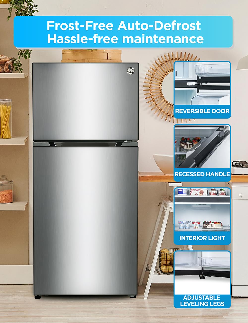 Commercial Cool 20 Cu. Ft. Top Mount Refrigerator with Freezer, 2-Door Refrigerator with Top Freezer and Adjustable Temperature Control, Ice Maker Ready, Energy Star Certified, Stainless Look