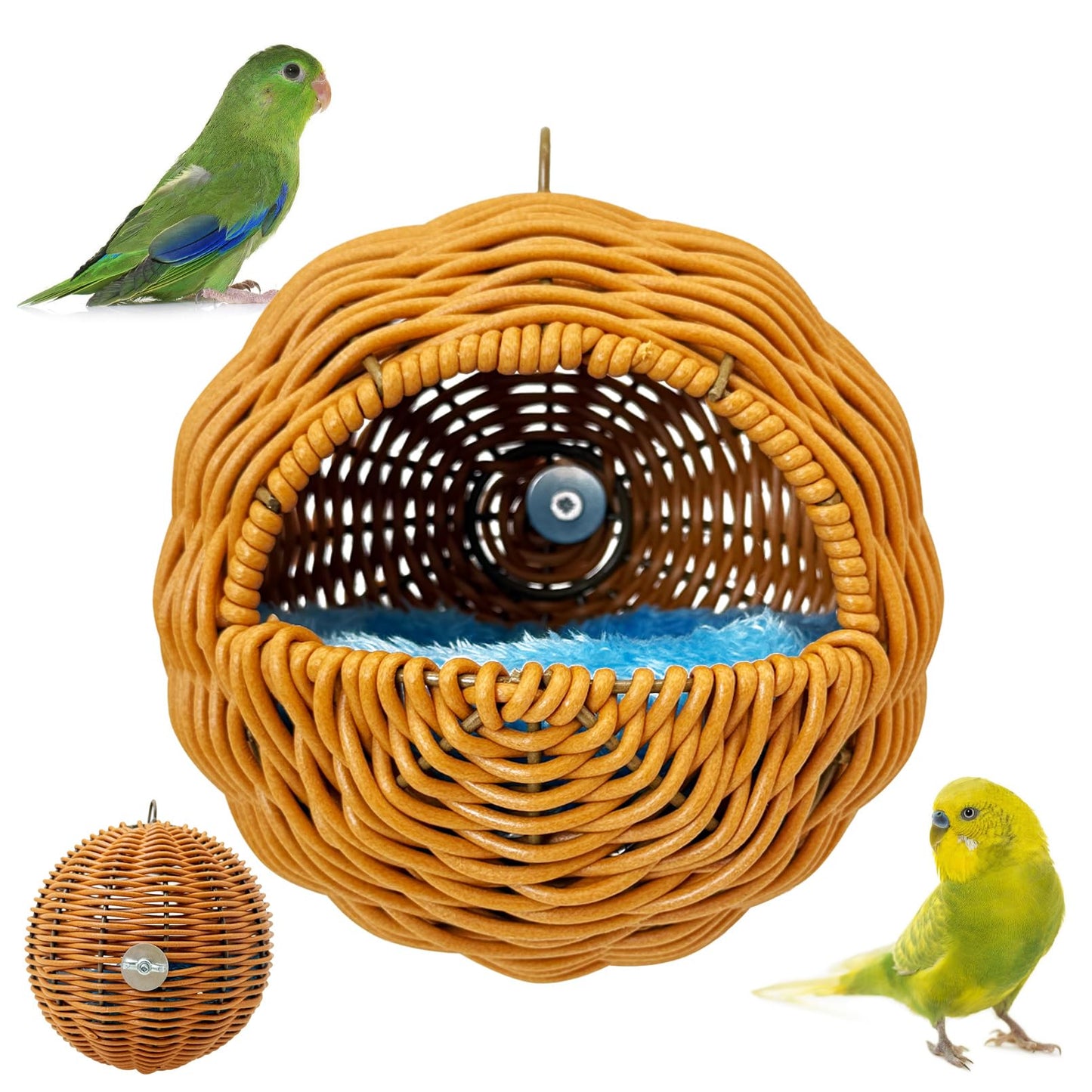 BNOSDM Rattan Bird Nest Parrot Nesting House Parakeet Nesting Soft Lovebird Warm Bed Sleeping for Parrots Bird Cage Accessories for Cockatiels Budgerigars Finches Canaries (Single-Hole Style)