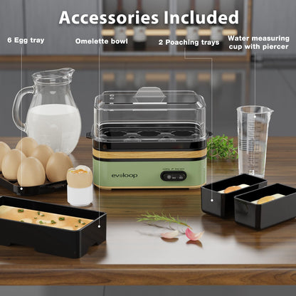 Evoloop Rapid Egg Cooker Electric 6 Eggs Capacity, Soft, Medium, Hard Boiled, Poacher, Omelet Maker Egg Poacher With Auto Shut-Off, BPA Free