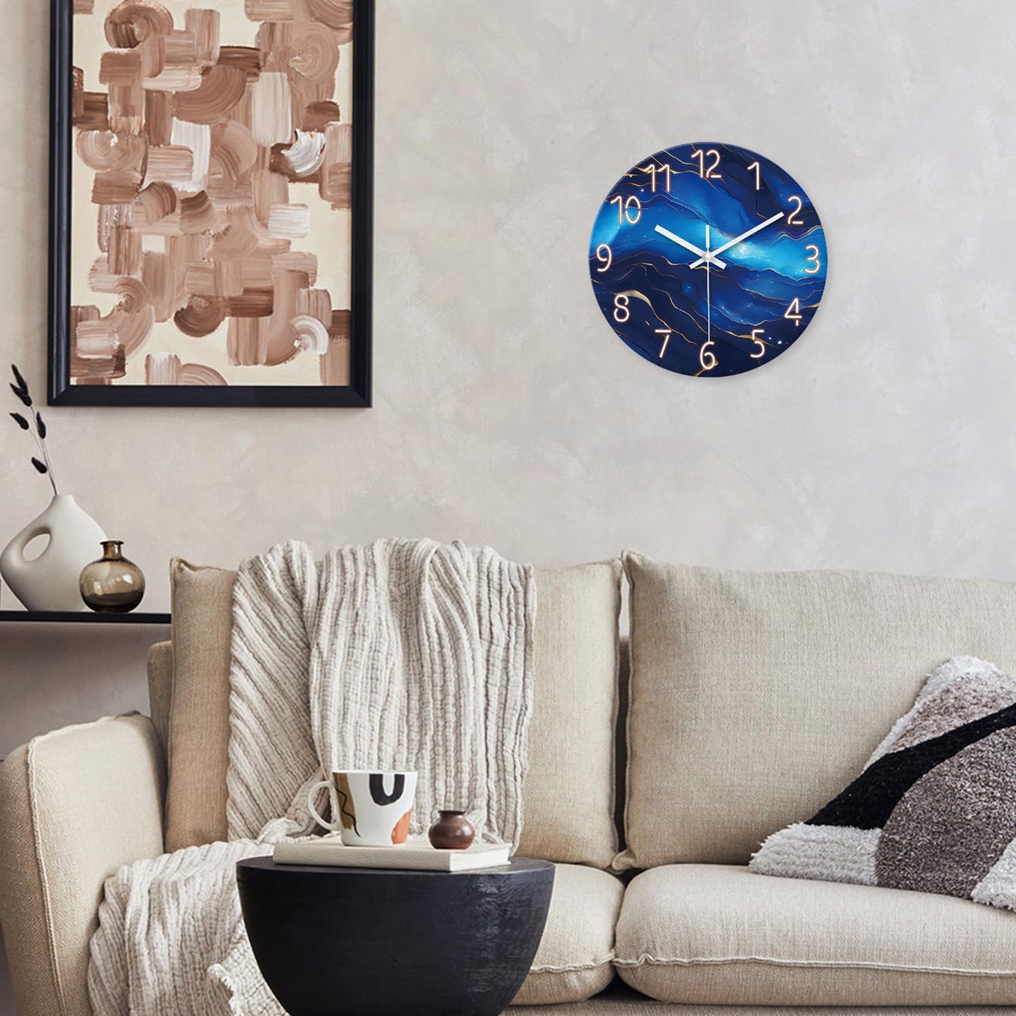 White Marble Glass Wall Clocks Battery Operated 12 Inch Abstract Decorative Analog Wall Clocks for Living Room Bedroom Office Silent Wall Clock Modern
