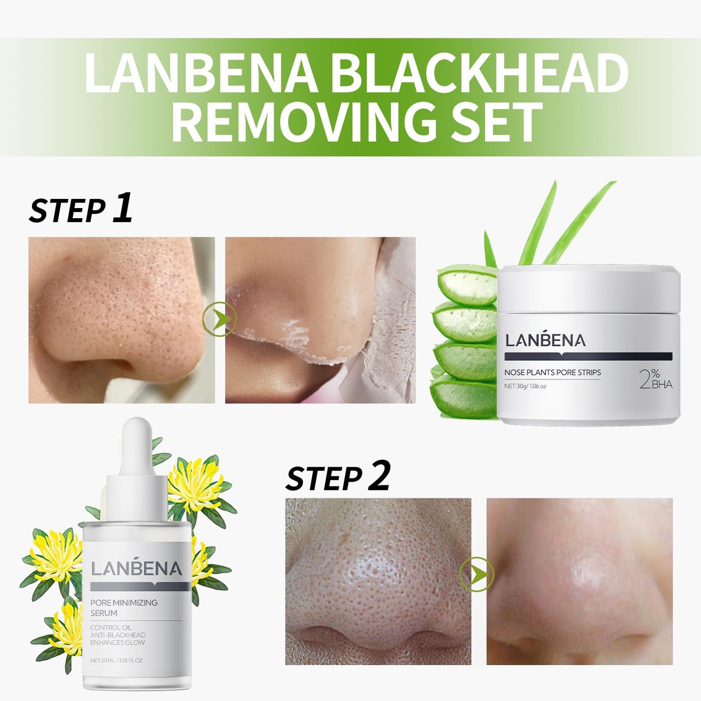 LANBENA 2.0 Nose Pore Strips, Blackhead Remover Mask with Salicylic Acid, Amazonian White Clay, Pore Cleanser Purifying Peel off Face Mask with 60 PCS Strips, Aloe Facial Mask(1.05 Ounce)