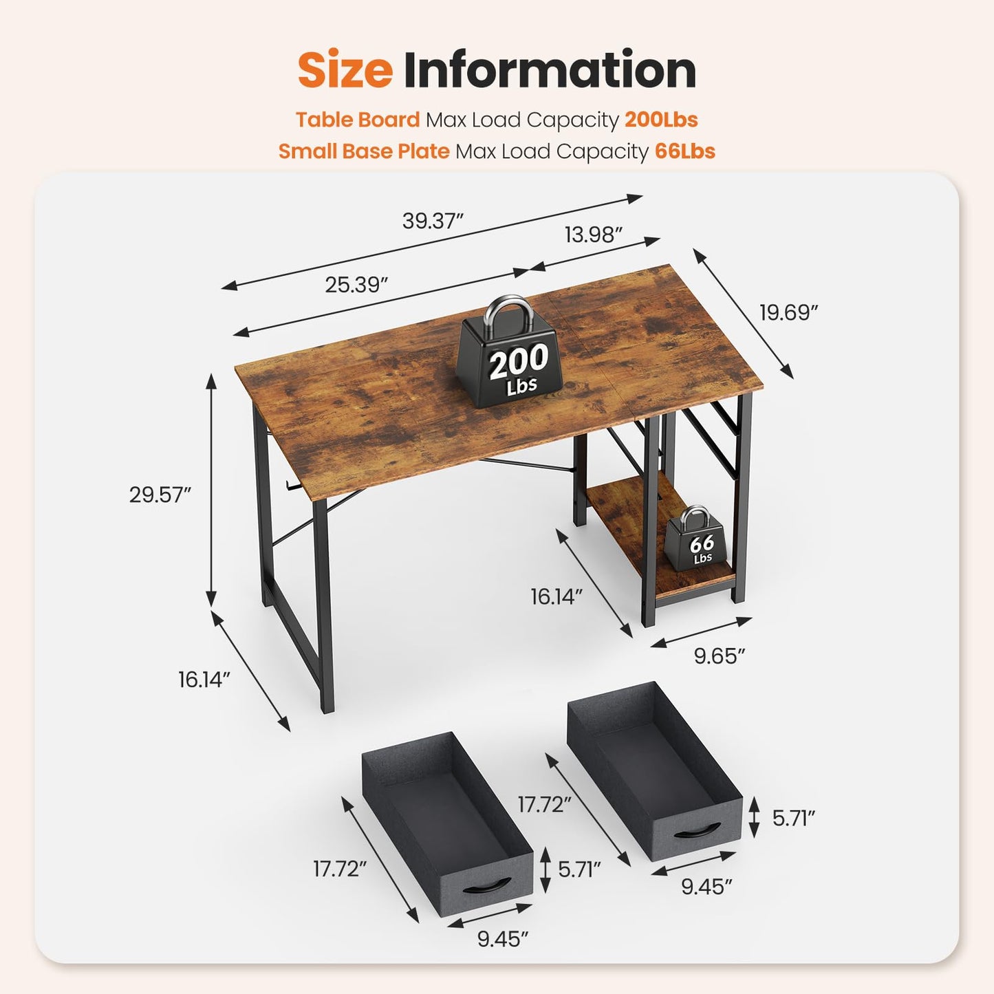 Sweetcrispy 47 Inch Computer Desk with Drawers for Home Office Writing Desk X Shaped Reinforcement Wood Surface Adjustable Position Modern Study Work Side Hook Metal Frame Storage Station Rust