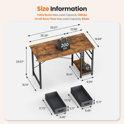 Sweetcrispy 47 Inch Computer Desk with Drawers for Home Office Writing Desk X Shaped Reinforcement Wood Surface Adjustable Position Modern Study Work Side Hook Metal Frame Storage Station Rust