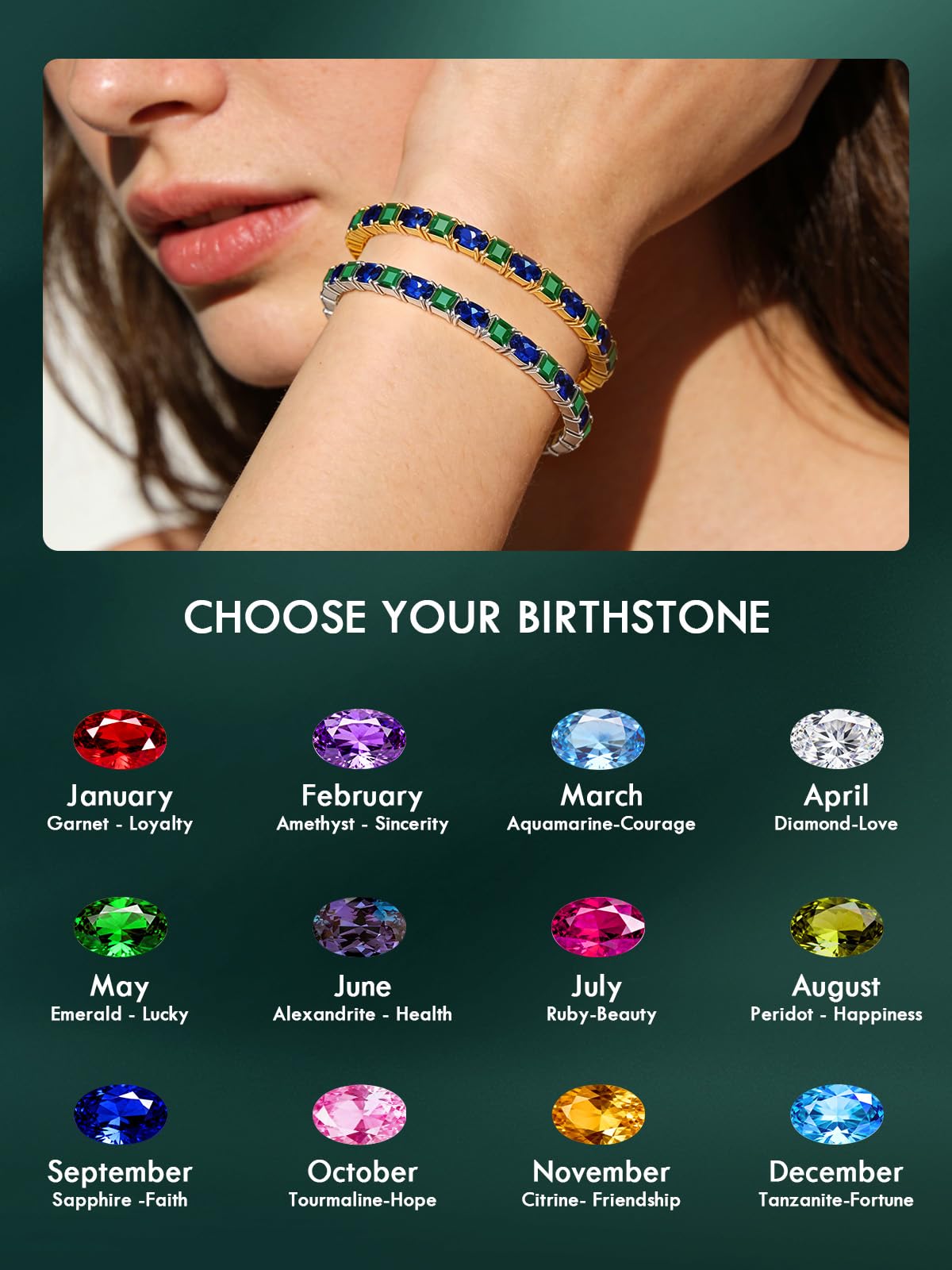 Sterling Silver Birthstone Bracelets for Women White Gold Tennis Bracelets Adjustable Chain 6-9 Inchs Jewelry Hypoallergenic Anniversary Birthday Gifts for Women Mom Wife Her