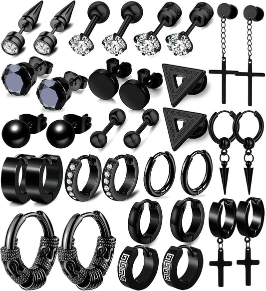 17 Pairs Earrings for Men, Stainless Steel Earrings For Men Sensitive Skin, Fashion Earring Piercing Jewelry Cross Dangle Hoop Earrings Kit Studs Long-lasting Shine
