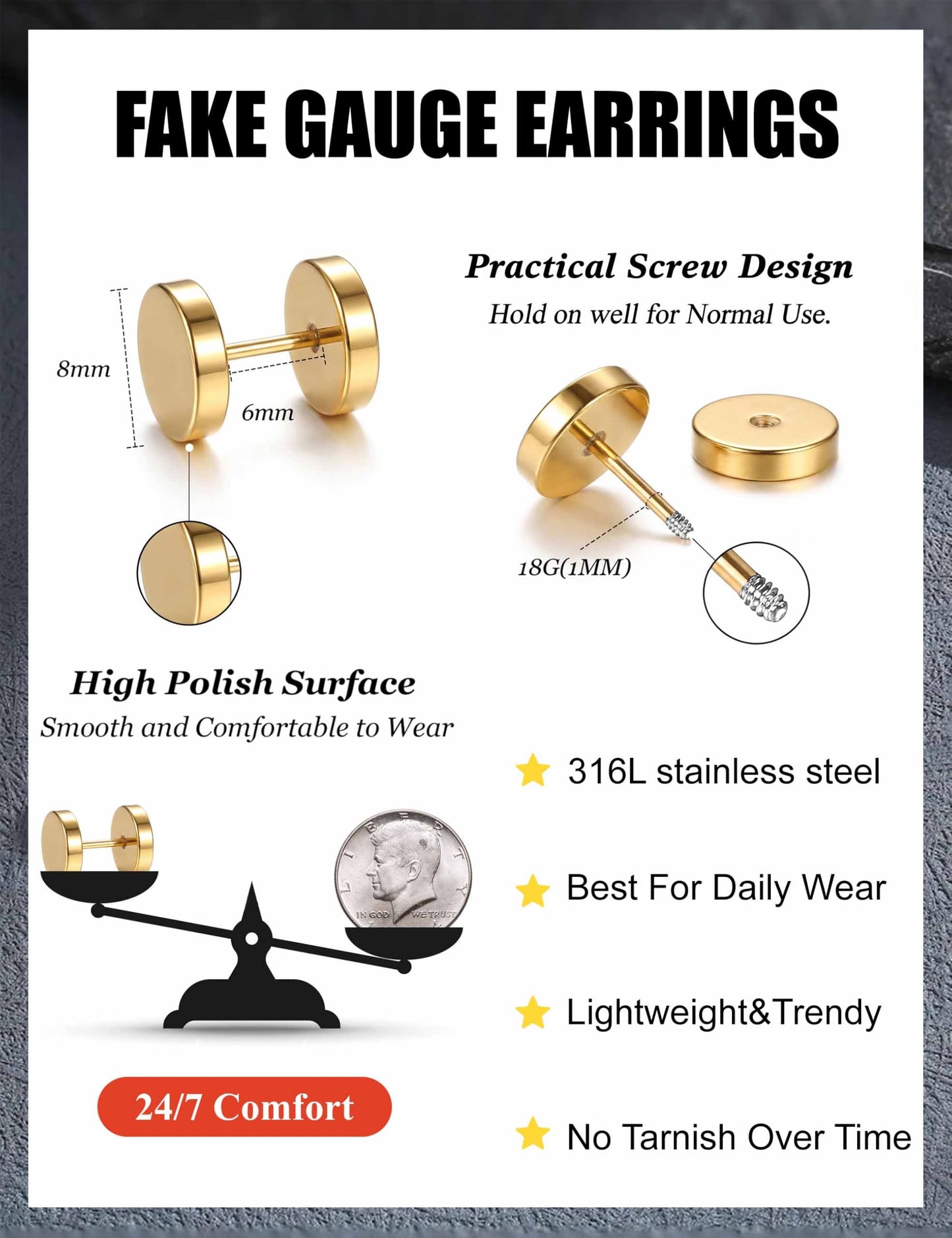 FIBO STEEL 6 Pairs Stainless Steel Black Stud Earrings for Men Women Faux Gauges Ear Tunnel Fake Gauge Earrings 3-8mm