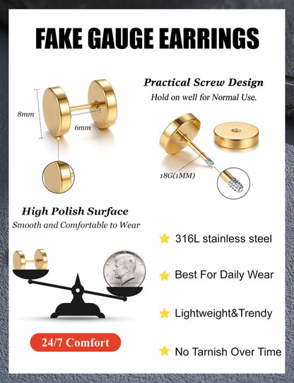 FIBO STEEL 6 Pairs Stainless Steel Black Stud Earrings for Men Women Faux Gauges Ear Tunnel Fake Gauge Earrings 3-8mm