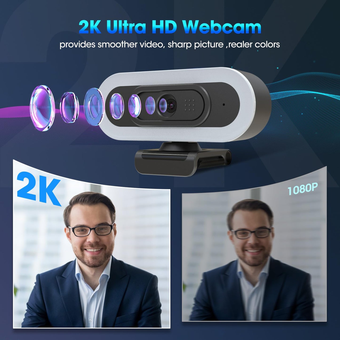 ToLuLu Streaming Webcam 2K 50FPS Web Cam, LED RGB Webcam with Microphone and Light, Autofocus Computer Camera with Cover and Tripod, Plug-Play USB Web cam for PC Desktop/MacBook Gaming Video Calling