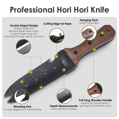 PERWIN Hori Hori Garden Knife, Garden Tools with Sheath for Weeding, Planting, Digging, 7" Stainless Steel Blade with Cutting Edge, Full-Tang Wood Handle with Hanging Hole