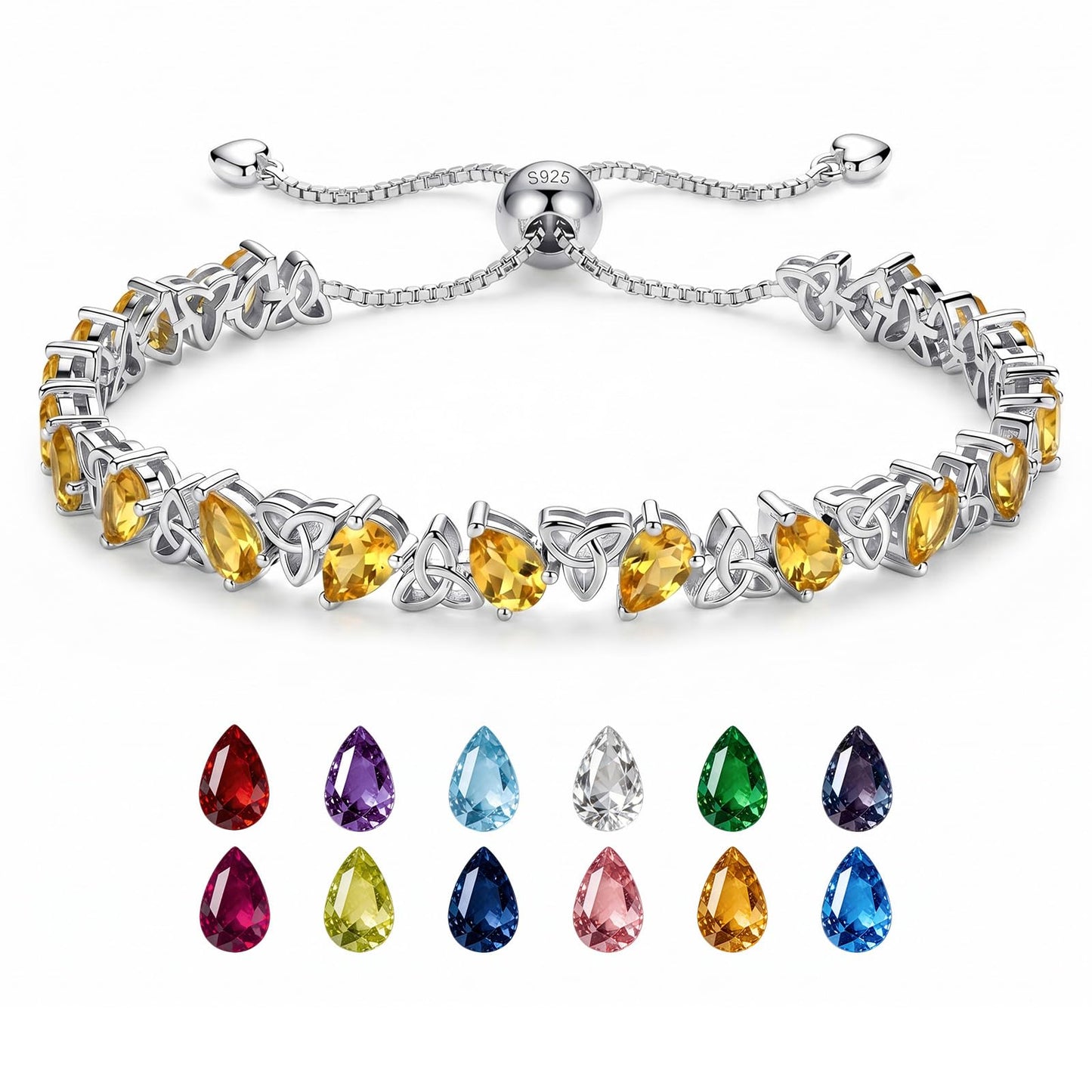 Birthstone Bracelets for Women, Pear Cut Tennis Bracelet 925 Sterling Silver, 6-9 Inch Adjustable Celtic Knot, Anniversary Birthday Jewelry Gifts for Women