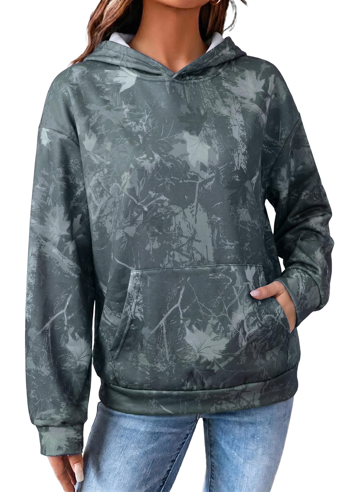 Dokotoo Hoodies for Women Long Sleeve Maple Leaf Fleece Camo Hoodie Oversized Camouflage Casual Sweatshirt Hooded Tops
