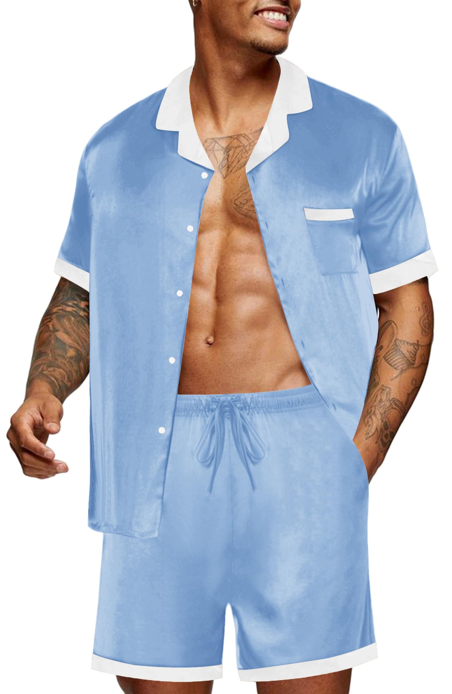 Ekouaer Men Satin Silk Pajamas Set with Pockets Sleepwear Shorts Satin Summer Loungewear 2 Piece Button Down Set S-3XL