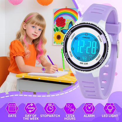 DTKID Digital Kids Watch 30 M Waterproof, 7 Color Lights Time Teaching Watch Easy to Read for Girls Boys 5-16