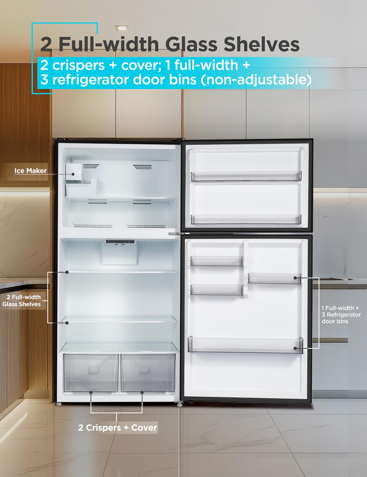BLACK+DECKER 16.4 Cu. Ft. Top Mount Refrigerator with Freezer, 2 Door Refrigerator with Top Freezer and Separate Temperature Controls, Auto Defrost, BR1640KW, White