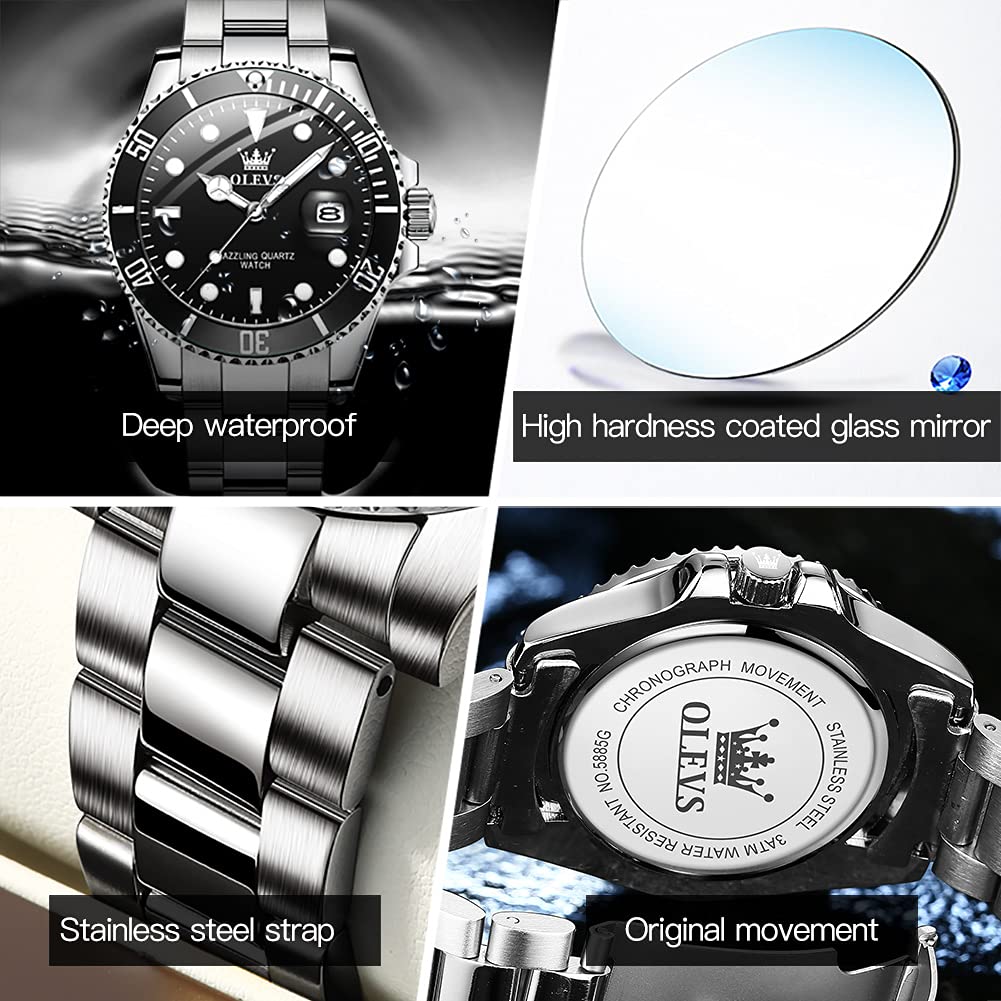 OLEVS Luxury Watches for Men Big Face Stainless Steel Business Dress Analog Quartz Watch with Day Waterproof Luminous Mens Wrist Watch
