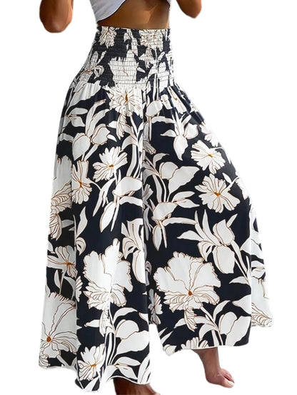 CHICME Boho Floral Shirred High Waisted Wide Leg Pants Flowy Palazzo Pants Summer Beach Vacation Wear