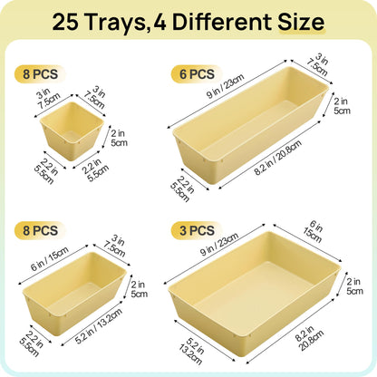 Vtopmart 25 PCS Clear Plastic Drawer Organizers Set, 4-Size Versatile Bathroom and Vanity Drawer Organizer Trays, Storage Bins for Makeup, Bedroom, Kitchen Gadgets Utensils and Office