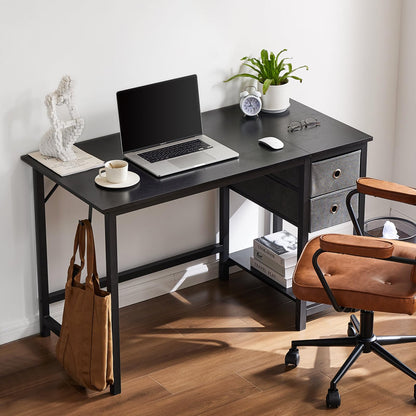 Sweetcrispy 47 Inch Computer Desk with Drawers for Home Office Writing Desk X Shaped Reinforcement Wood Surface Adjustable Position Modern Study Work Side Hook Metal Frame Storage Station Rust