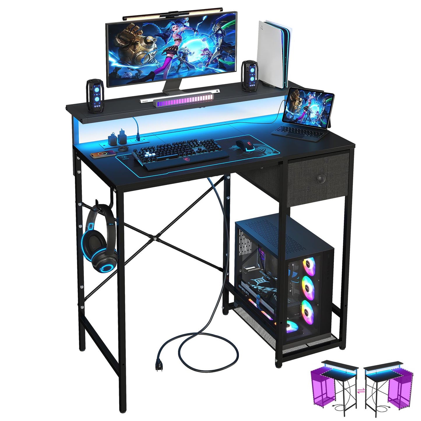 X-cosrack 33.5" Small Gaming Desk with LED Lights & Power Outlets, Compact Computer Desk with Monitor Stand & CPU Stand, Gamer Table with Storage Drawer, Side Hooks for Home Office, Bedroom, Black
