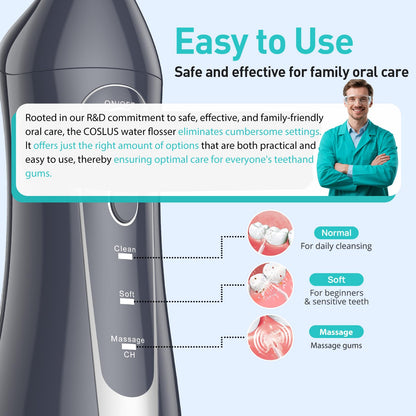 COSLUS ADA Accepted Water Dental Flosser Teeth Pick C20: Portable Cordless Oral Irrigator 300ML Rechargeable Travel Irrigation Cleaner IPX7 Waterproof Electric Flossing Machine, Professional Set Black
