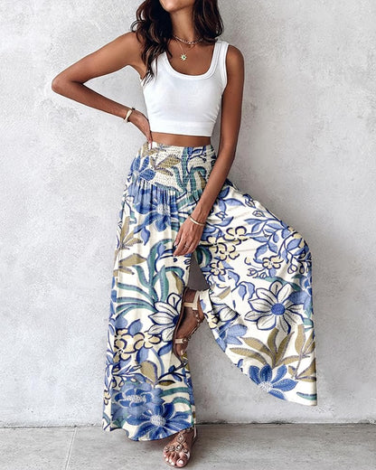 CHICME Boho Floral Shirred High Waisted Wide Leg Pants Flowy Palazzo Pants Summer Beach Vacation Wear