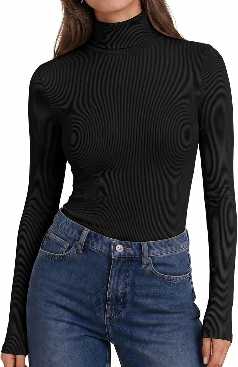 Ekouaer Womens Turtleneck Long Sleeve Shirts Ribbed Casual Basic Tops Fitted Underwear Thermal Undershirts Winter Clothes