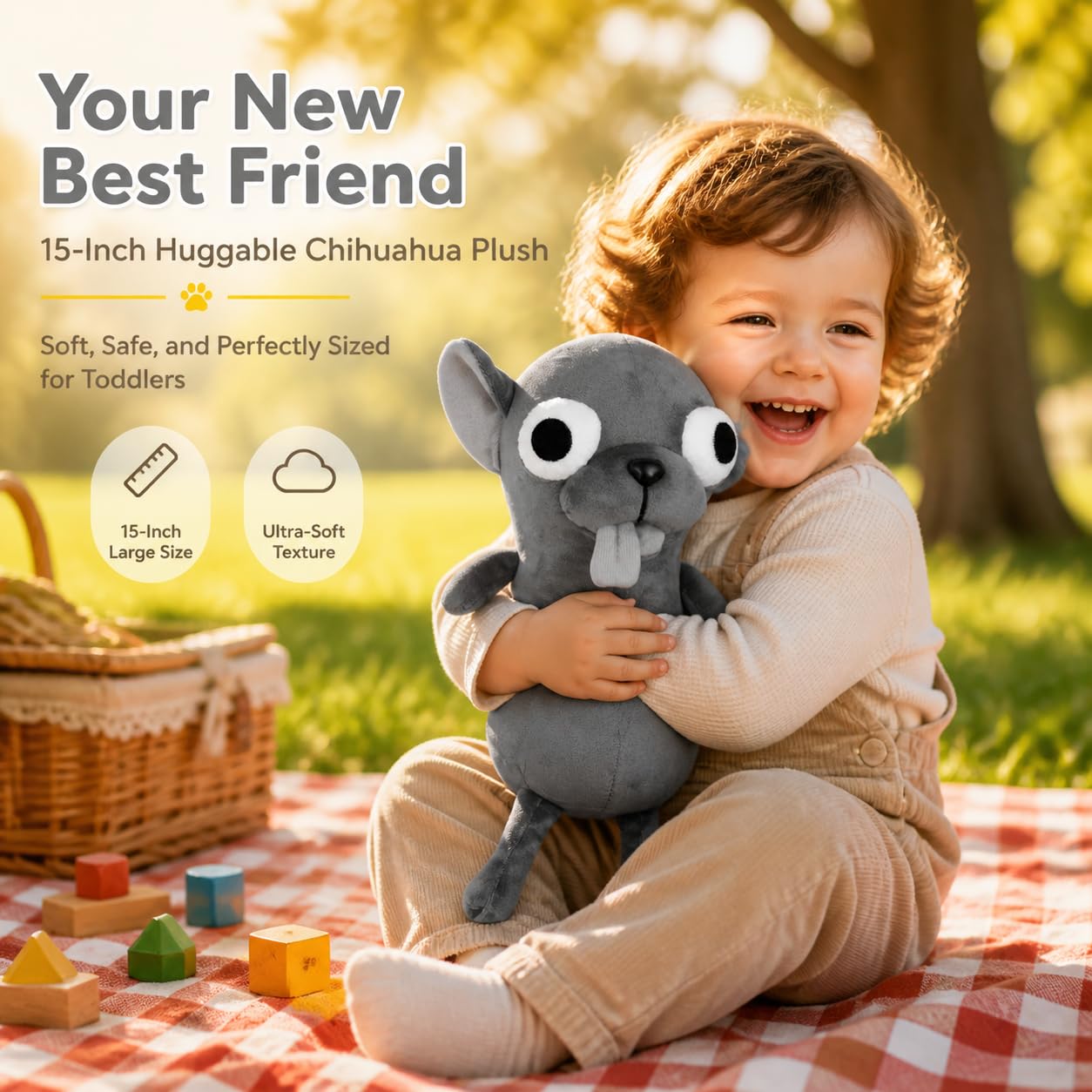 Funny Big Eyed Chihuahua Plush - Hilarious Dark Grey Chihuahua Stuffed Animal | Stress Relief Toy, Funny Desk Decor Gift for Kids & Adults (Black)
