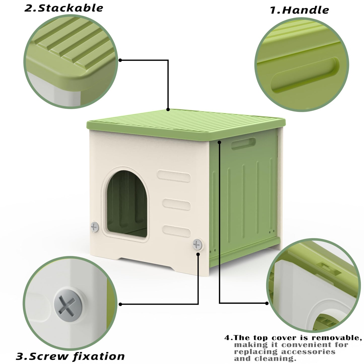 Plastic Cat House for Outdoor Indoor Use, Stackable Feral Cat Shelter Indoor Cat House Weatherproof Waterproof Elevated (Green)