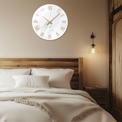 White Marble Glass Wall Clocks Battery Operated 12 Inch Abstract Decorative Analog Wall Clocks for Living Room Bedroom Office Silent Wall Clock Modern