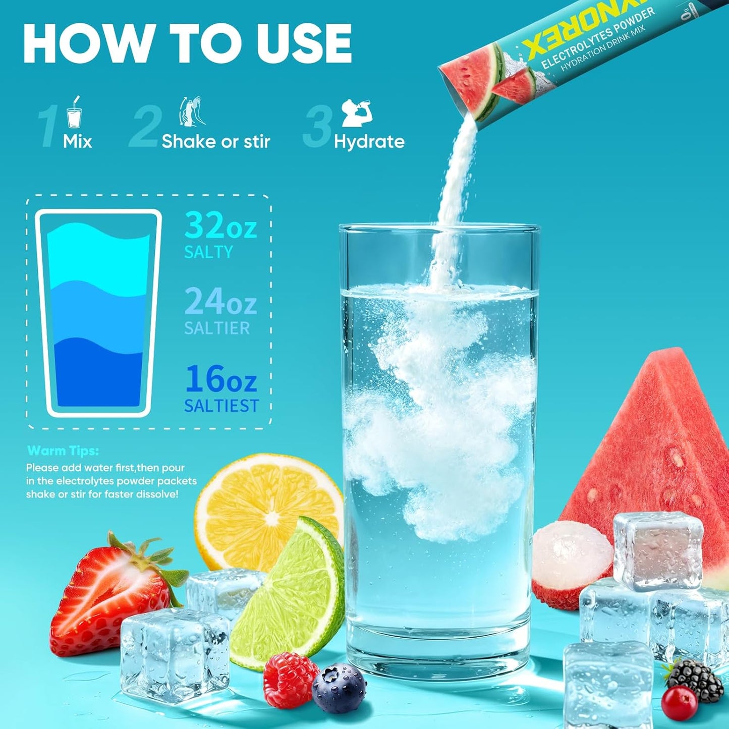 Electrolytes Powder Packets Sugar Free, 30 Sticks High Sodium Hydration Packets, Electrolyte Drink Mix with Lemon Lime Watermelon Peach Berry Kiwi Tropical Punch Lychee Cranberry, 10.5OZ