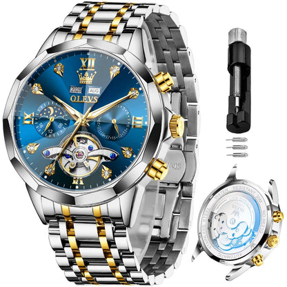 OLEVS Skeleton Men Watches Automatic Business Luxury Diamond Self Winding Watch for Men Stainless Steel Calendar Wrist Watch