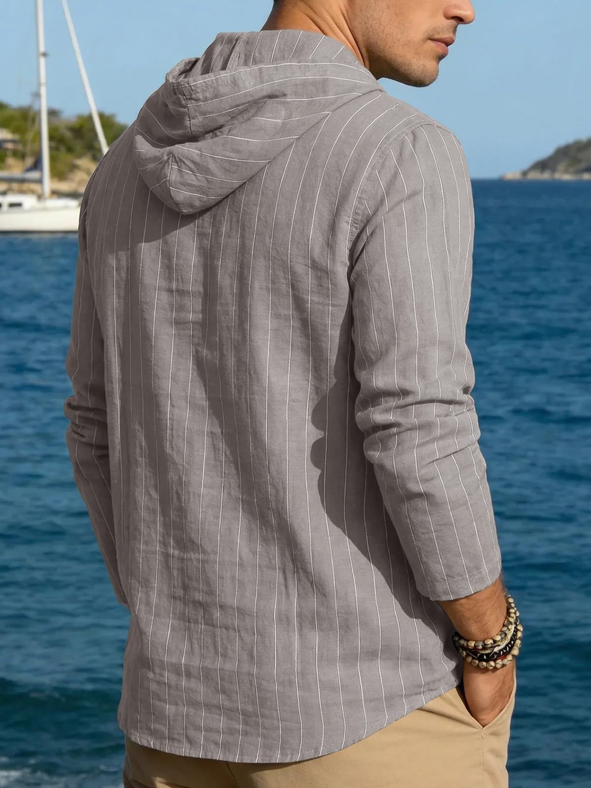 Mens Cotton Linen Hoodies Long Sleeve Button Down Shirts Casual Hawaiian Beach Yoga Sweatshirts