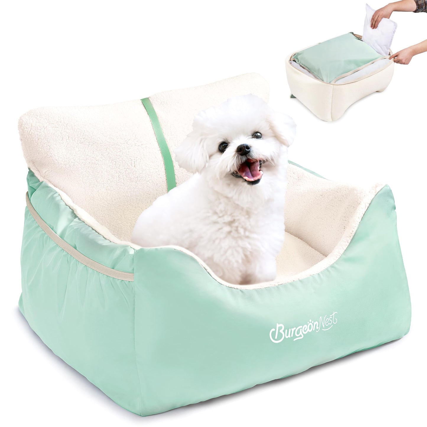 BurgeonNest Dog Car Seat for Small Dogs, Soft Pet Car Travel Home Bed Under 25 lbs, Fully Detachable and Washable Cat Booster Carseats with Storage Pockets and Clip-On Leash Portable Carrier,Black