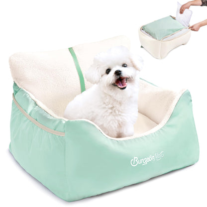 BurgeonNest Dog Car Seat for Small Dogs, Soft Pet Car Travel Home Bed Under 25 lbs, Fully Detachable and Washable Cat Booster Carseats with Storage Pockets and Clip-On Leash Portable Carrier,Black