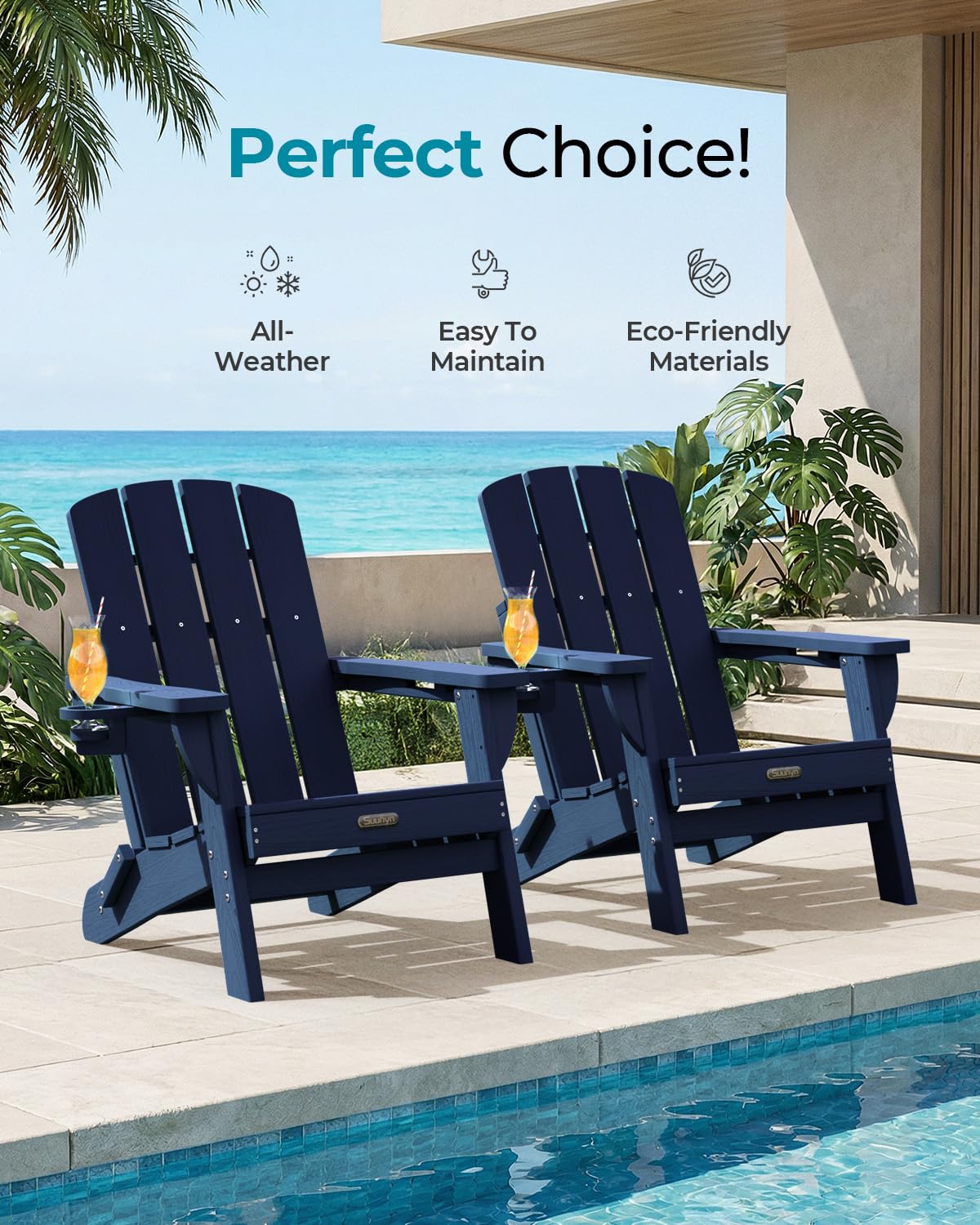 Folding Adirondack Chair, HDPE Adirondack Chairs with 2 Cup Holder, Plastic All-Weather Fire Pit Chairs, Outdoor Lawn Chair for Patio Garden (Grey)