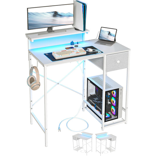 X-cosrack 33.5" Small Gaming Desk with LED Lights & Power Outlets, Compact Computer Desk with Monitor Stand & CPU Stand, Gamer Table with Storage Drawer, Side Hooks for Home Office, Bedroom, Black