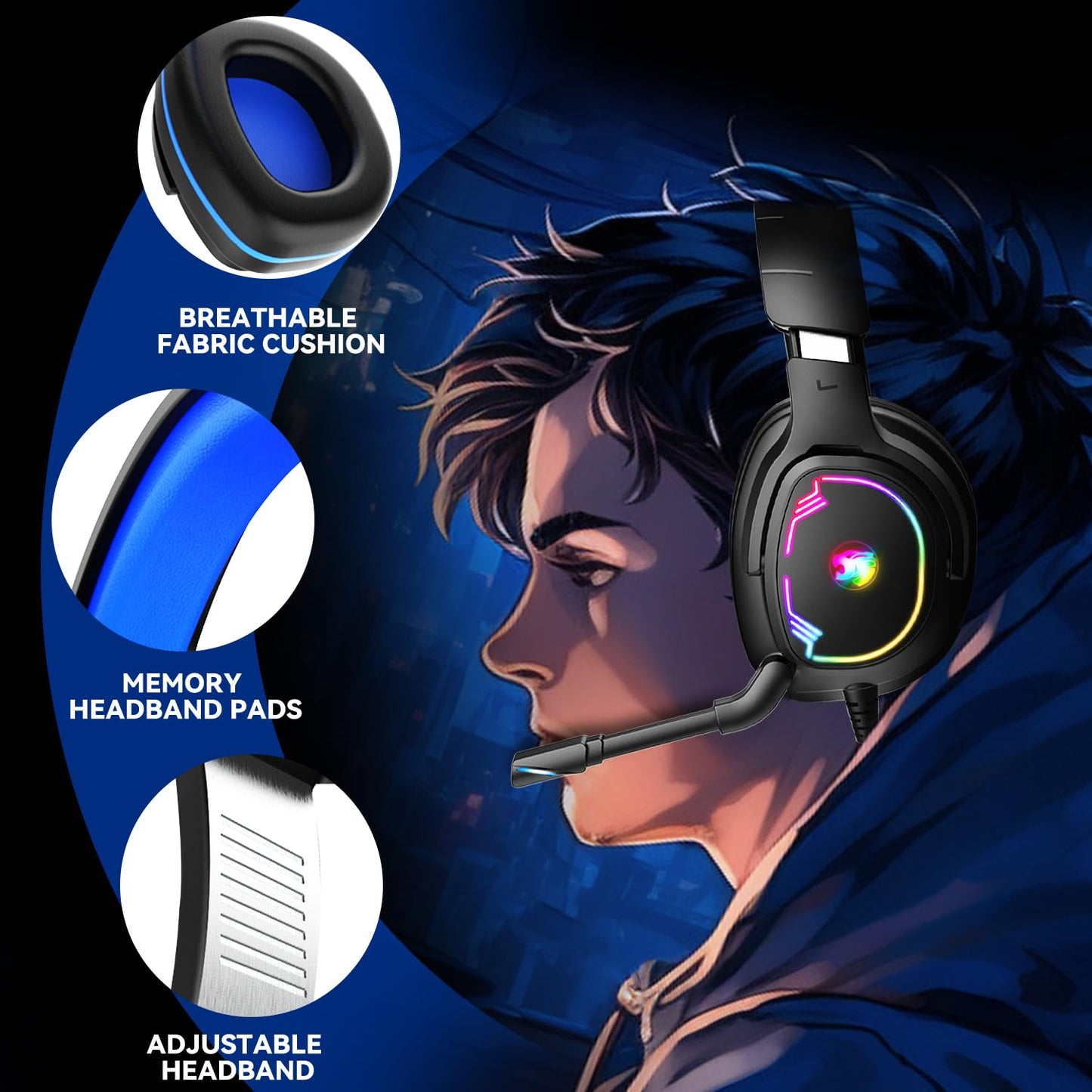 Jimonyer Gaming Headset for PS5 PS4 Xbox Series X|S PC Switch, 7.1 Surround Sound Over Ear Headphones with Noise Canceling Mic, RGB LED Light, Soft Memory Earmuffs Headset for Gaming or Work (Blue)