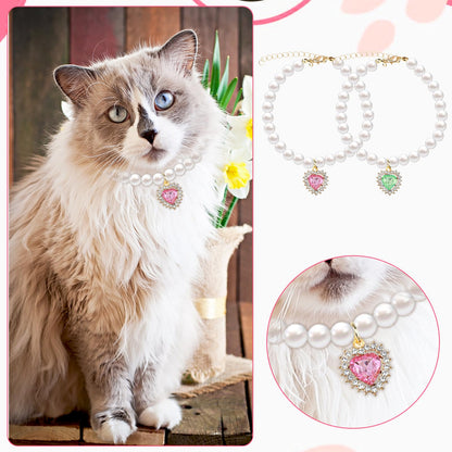 Tyqour 2pcs Cute Girl Cat Collar, Pearl Cat Dog Collar with Small Heart Shape Rhinestone for Small Dogs and Cats Adjustable Fancy Dog Pearl Necklace Collars, Pink Heart + White Heart