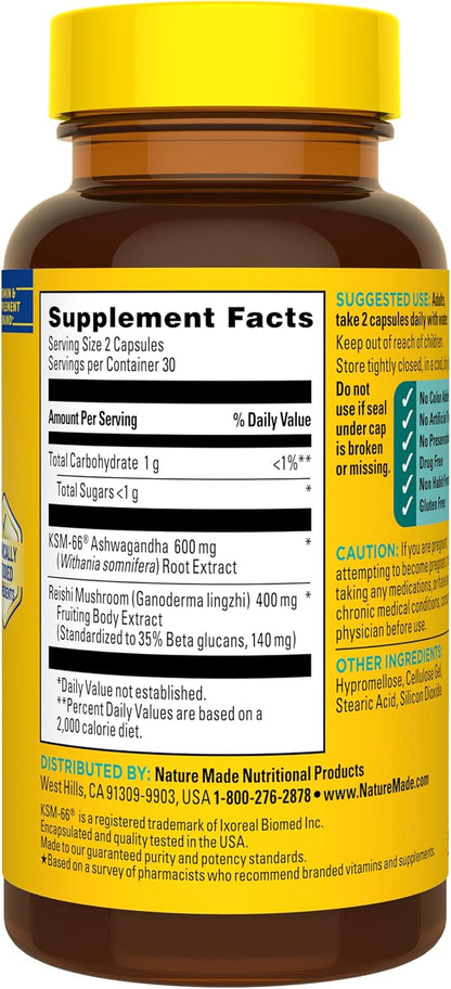 Nature Made Ashwagandha KSM 66 + Reishi Mushroom Capsules, Stress Relief Blend Ashwagandha and Mushroom Supplement, 60 Capsules, 30 Day Supply