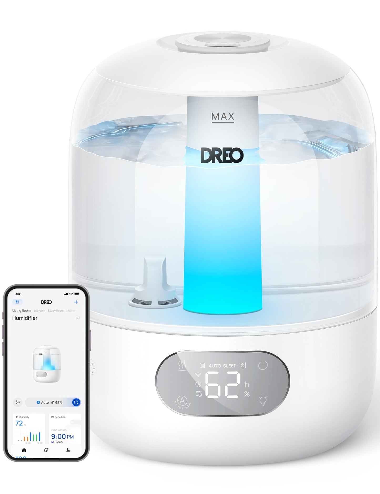 DREO Humidifiers for Bedroom, 3L Top Fill 30H & 26dB Quiet Runtime for Large Room, Cool Mist Ultrasonic Humidifier with Humidity Sensor, Night Light for Home, Baby, Nursery, Plants, 360° Nozzle, Black