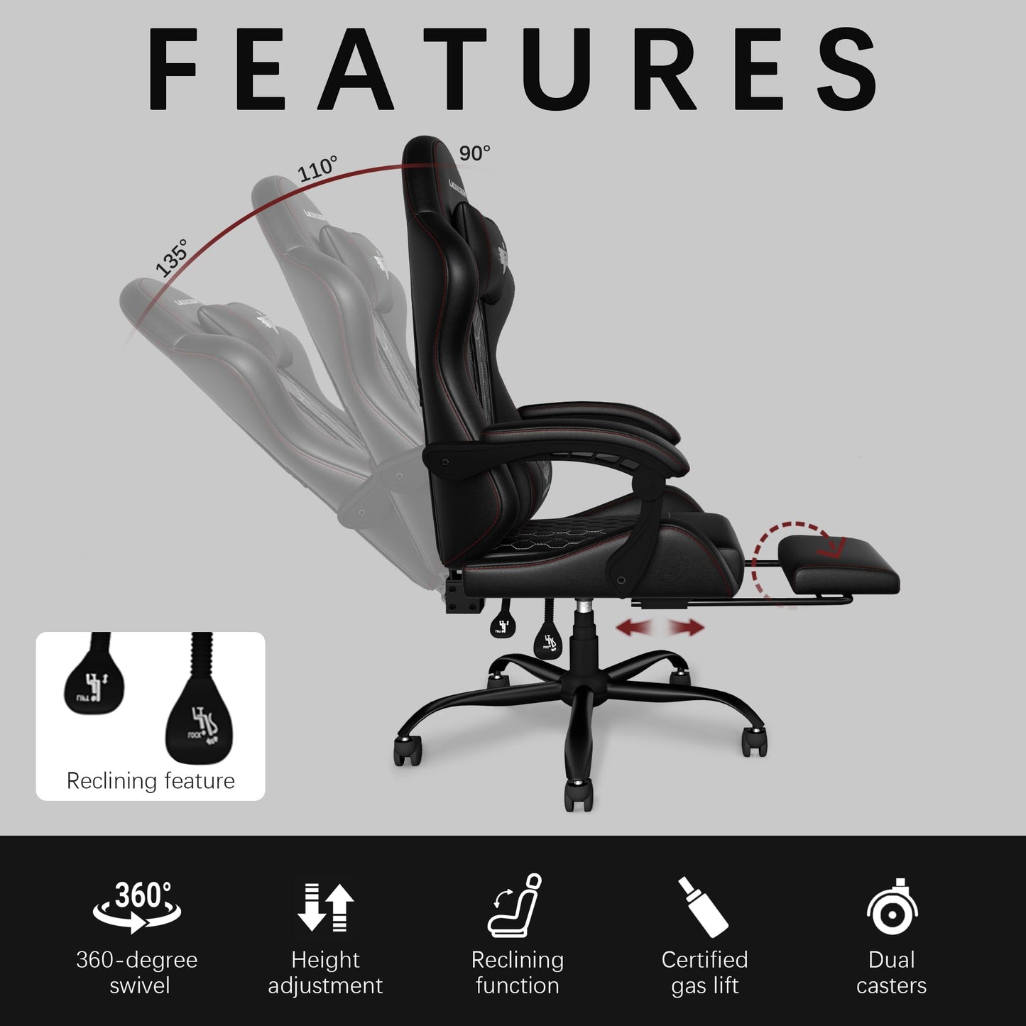 Ergonomic Gaming Chair, RGB LED Lights Computer Chairs with Retractable Footrest, 400 lbs Lumbar Support Linked Armrests Gamer Chair High Back Heavy Duty Video Game Chairs (Black Red)