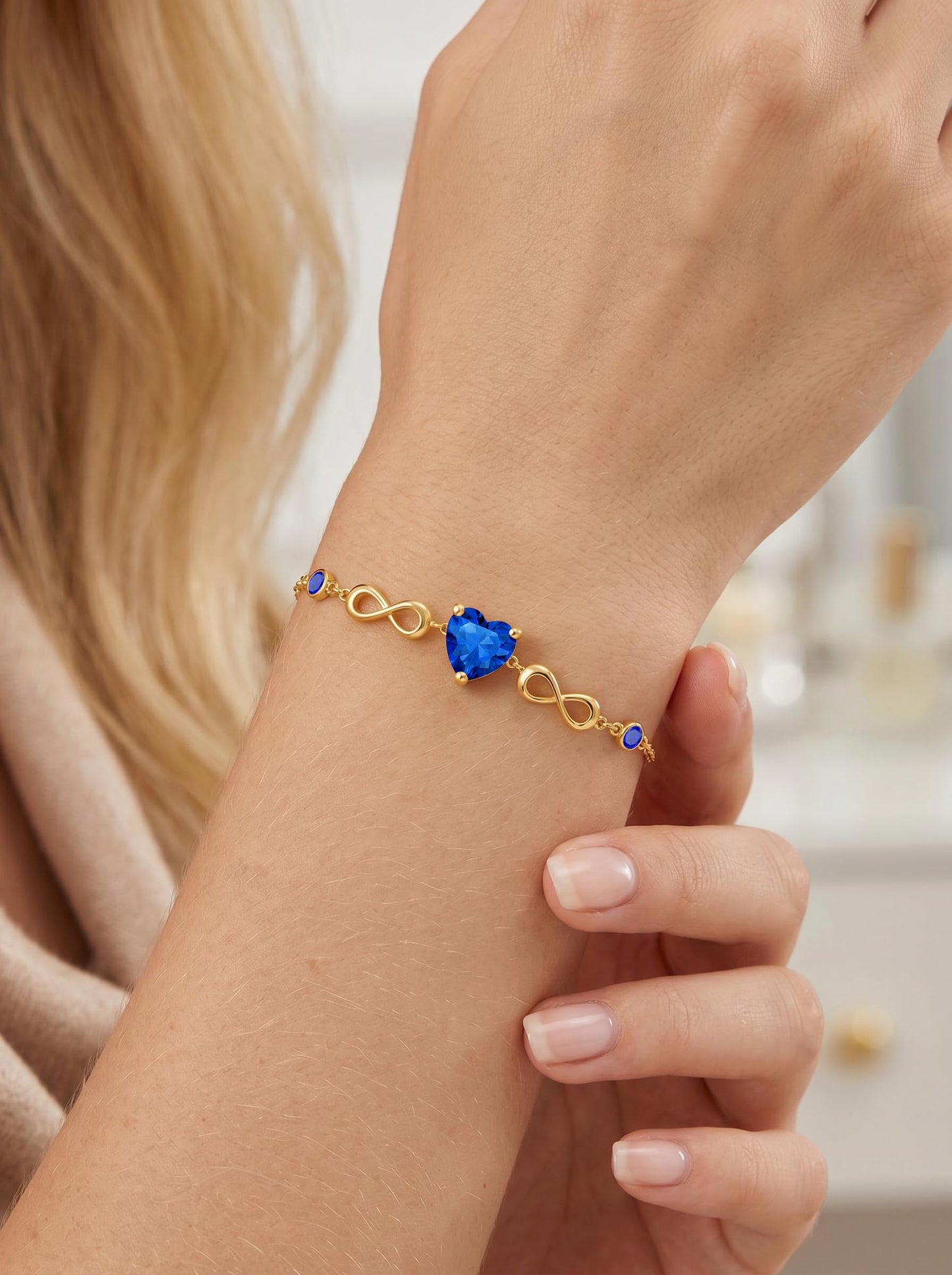 14K Gold Infinity Birthstone Bracelets for Women, Infinity Love Heart Birthstone Link Bracelets for Women, 14K Gold Plated Jewelry Birthday Gifts for Wife Girlfriend Mom, 7+2 Inch