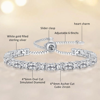 Sterling Silver Birthstone Bracelets for Women White Gold Tennis Bracelets Adjustable Chain 6-9 Inchs Jewelry Hypoallergenic Anniversary Birthday Gifts for Women Mom Wife Her