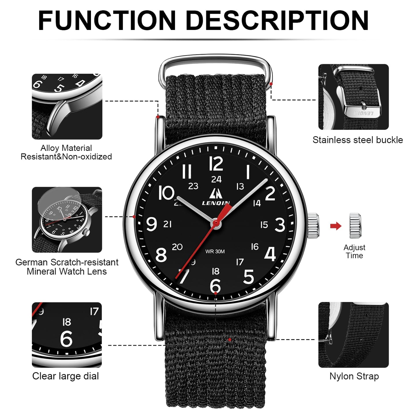 LN LENQIN Mens Watches Unisex Military Sport Nylon Strap Stylish Luminous Fashion Analog Quartz Watch for Men Waterproof Army Tactical Casual Wristwatch