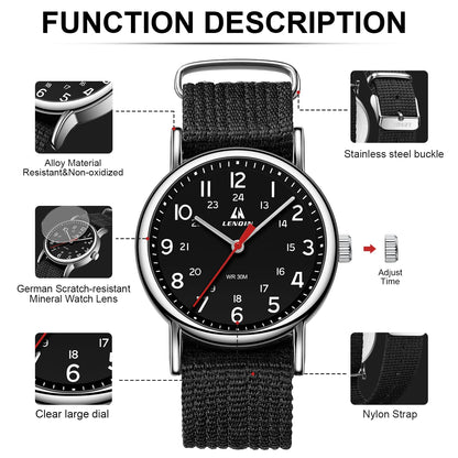 LN LENQIN Mens Watches Unisex Military Sport Nylon Strap Stylish Luminous Fashion Analog Quartz Watch for Men Waterproof Army Tactical Casual Wristwatch