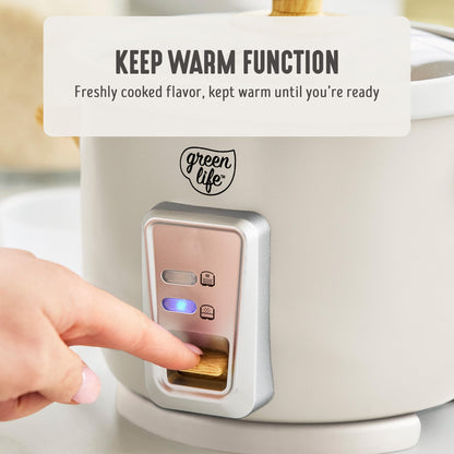 GreenLife Rice Cooker with Removable PFAS-Free Ceramic Nonstick Pot, 3-Cups Uncooked/6-Cups Cooked, Grains & Oatmeal Multicooker, Compact One-Switch Design, Auto Keep Warm, Easy Clean, Cream