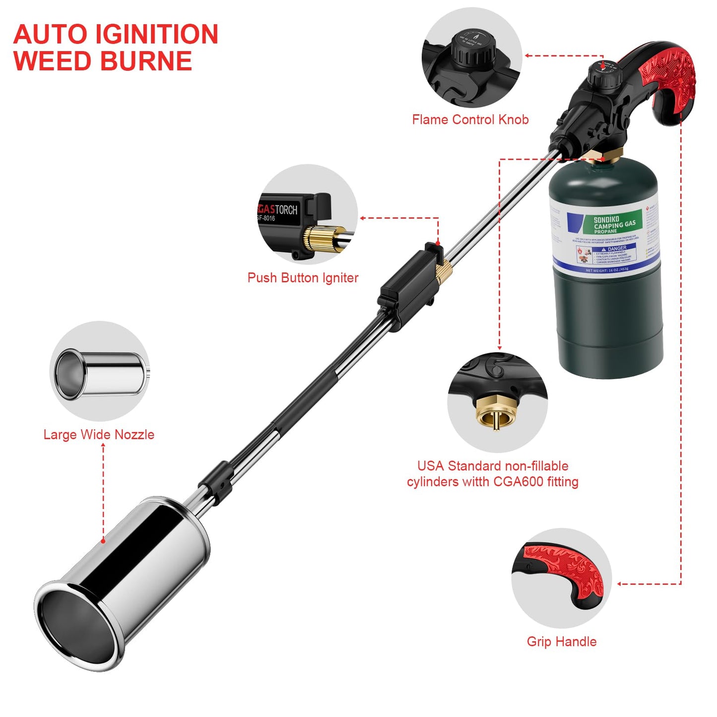 Sondiko Propane Torch Weed Burner, High Output Weed Torch Flamethrower, 30" Detachable Long Arm Heavy Duty Blow Torch For Garden, Wood, Ice, Snow, Melting(PROPANE TANK NOT INCLUDED)