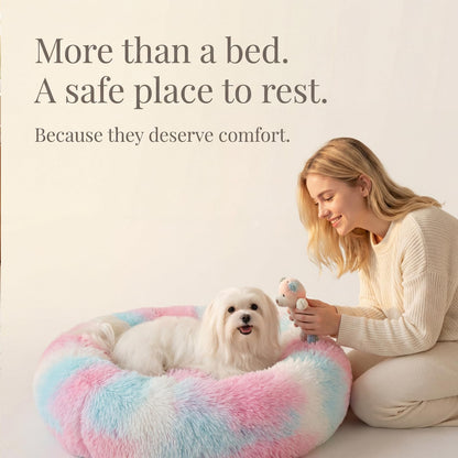 Small Calming Dogs Bed for Small Dogs Anti-Anxiety Machine Washable Fluffy Luxury Anti-Slip Waterproof Mute Base Warming Cozy Soft Pet Puppy Round Bed