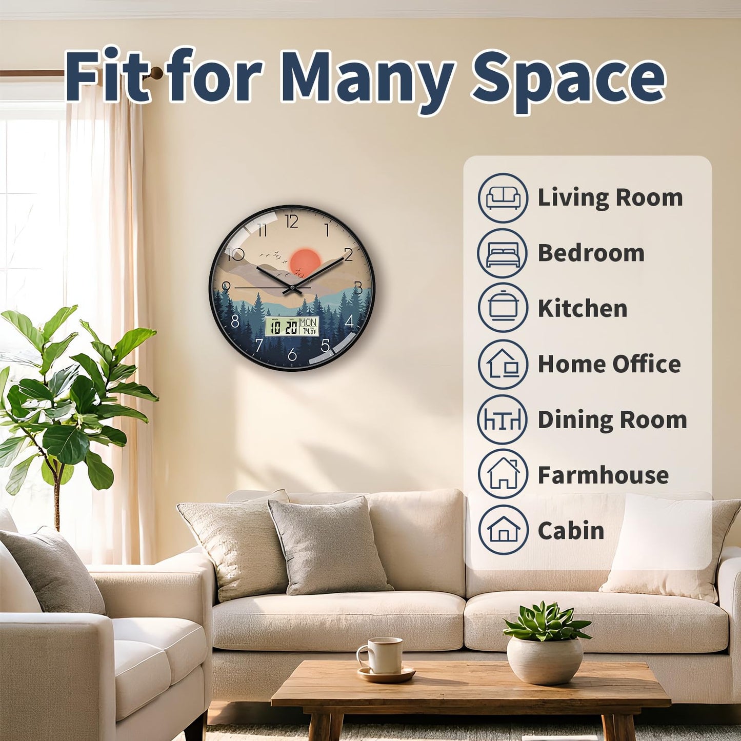 Wilderness Sunset Wall Clock, 12 Inch Silent Non-Ticking Battery Operated Analog Clock with LCD Date Day Temp Display, Decorative for Living Room, Bedroom, Kitchen, Office, Farmhouse, Cabin