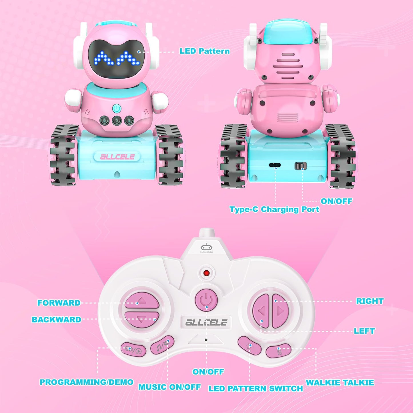 ALLCELE Girls Robot Toy, Rechargeable RC Robot for Kids, Remote Control Toy with Music and LED Eyes, Gift for Children Age 3 Years and Up - Pink